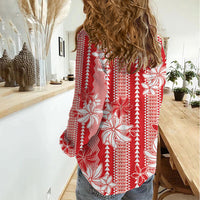 Hawaii Kakau Tribal Women Casual Shirt With Red Tiare