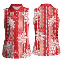 Hawaii Kakau Tribal Women Sleeveless Polo Shirt With Red Tiare