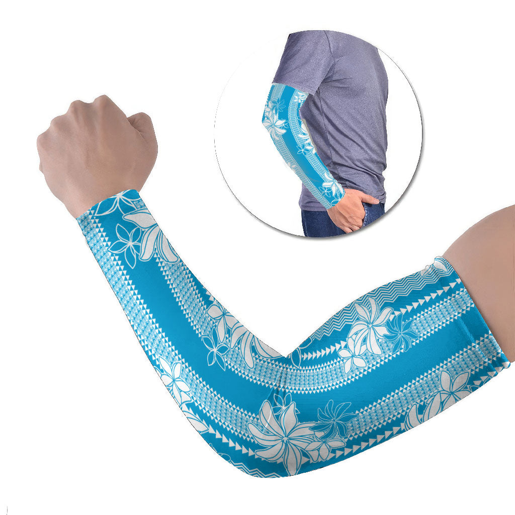 Hawaii Kakau Tribal Arm Sleeves With Blue Tiare LT05 Set of 2 Blue - Polynesian Pride