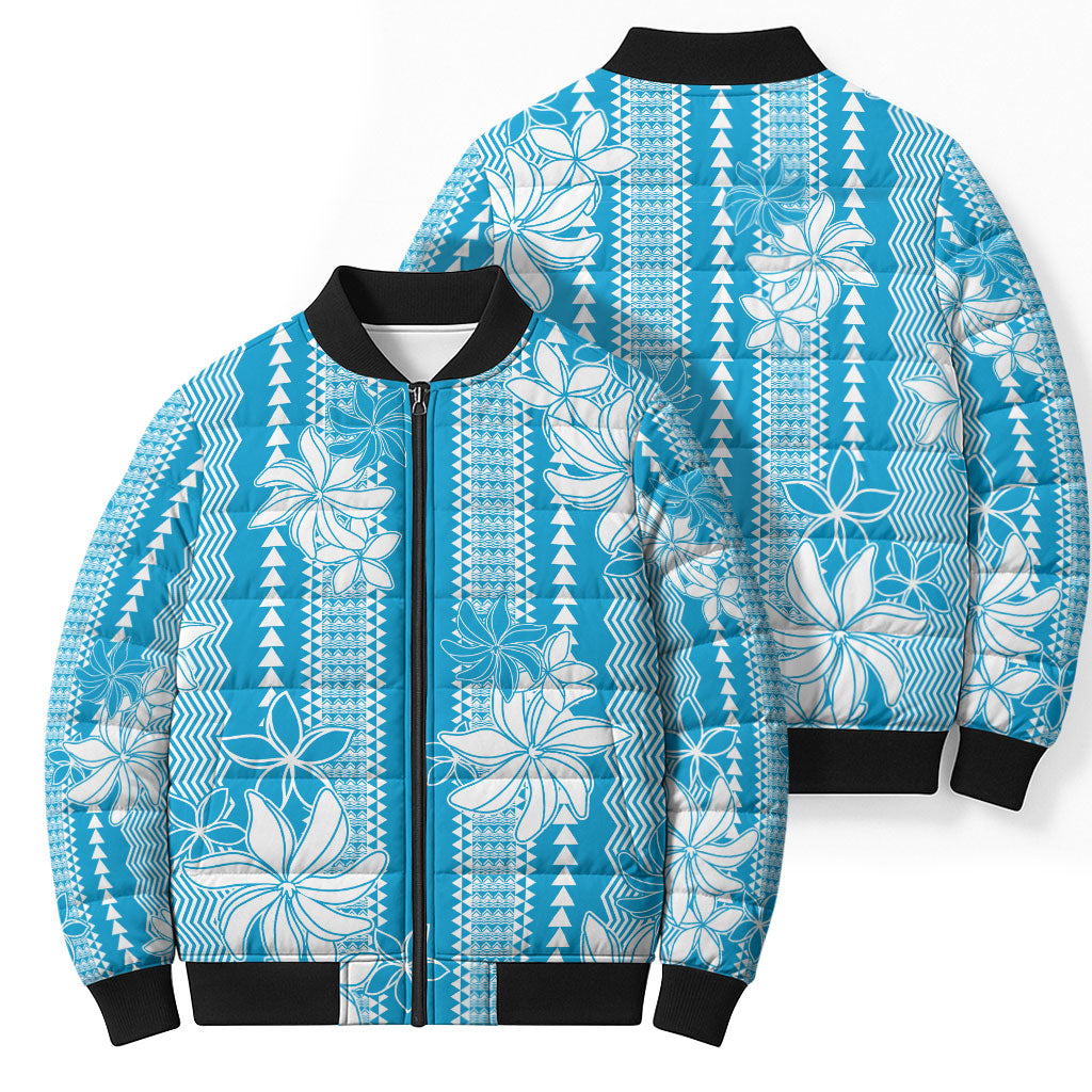 Hawaii Kakau Tribal Bomber Puffer Jacket With Blue Tiare