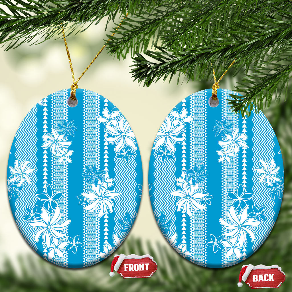 Hawaii Kakau Tribal Ceramic Ornament With Blue Tiare