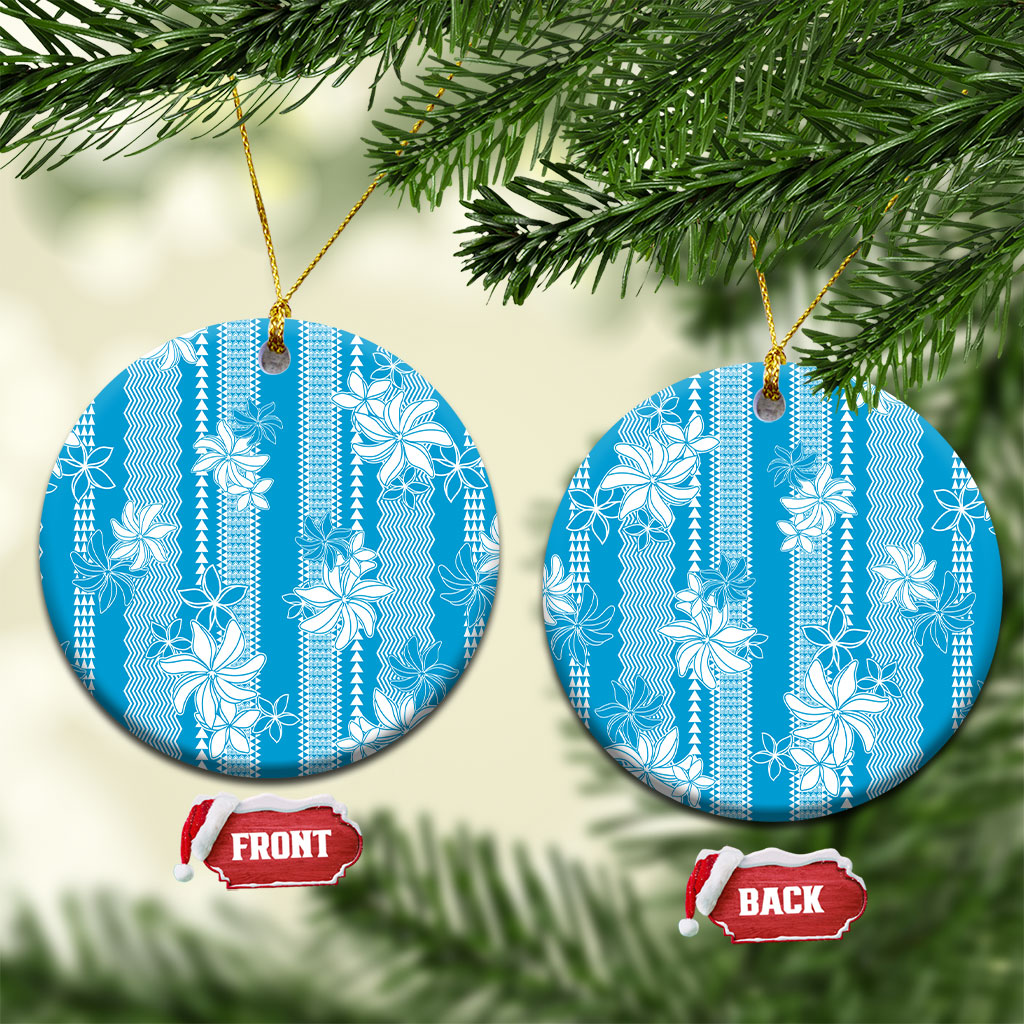 Hawaii Kakau Tribal Ceramic Ornament With Blue Tiare