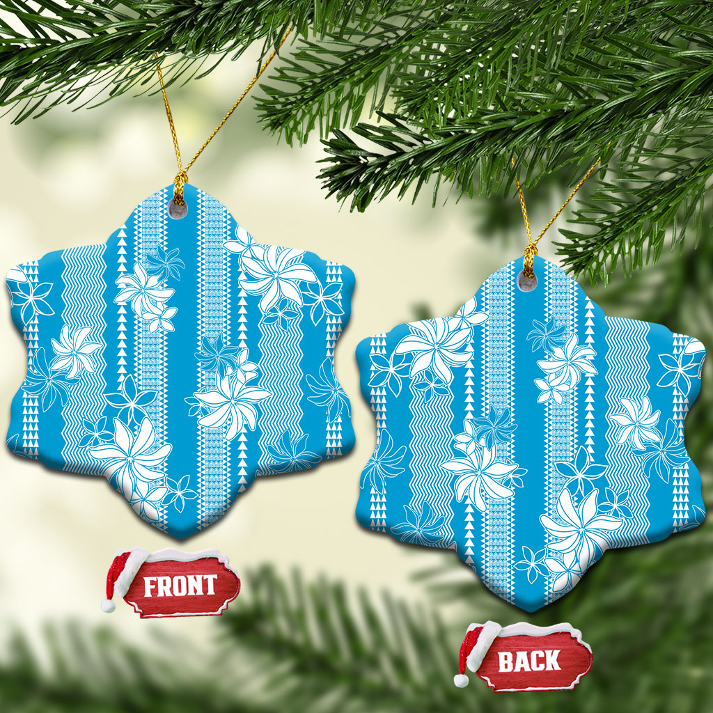 Hawaii Kakau Tribal Ceramic Ornament With Blue Tiare