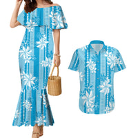 Hawaii Kakau Tribal Couples Matching Mermaid Dress and Hawaiian Shirt With Blue Tiare LT05 Blue - Polynesian Pride