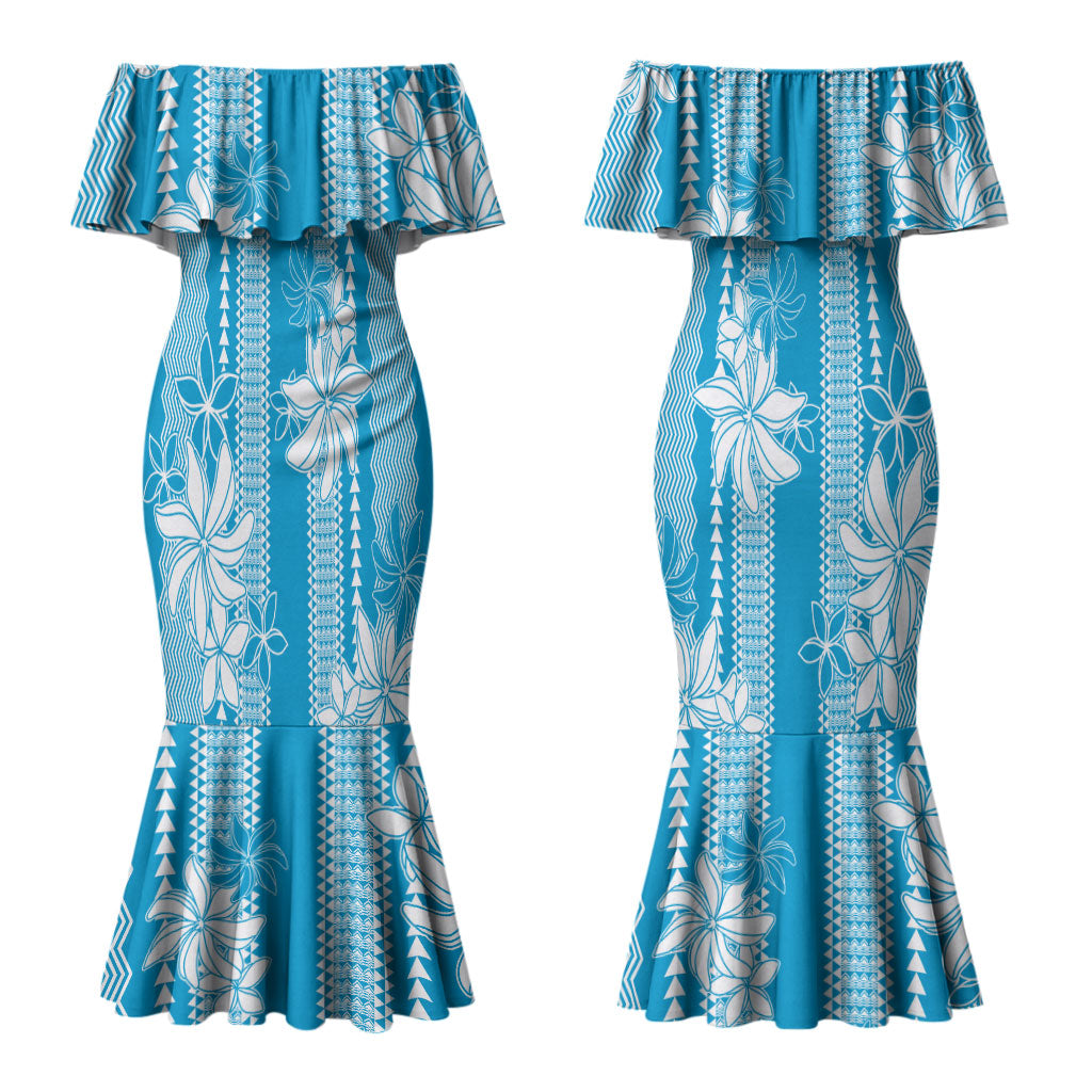 Hawaii Kakau Tribal Couples Matching Mermaid Dress and Hawaiian Shirt With Blue Tiare LT05 - Polynesian Pride