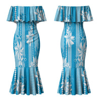 Hawaii Kakau Tribal Couples Matching Mermaid Dress and Long Sleeve Button Shirt With Blue Tiare LT05 - Polynesian Pride