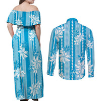 Hawaii Kakau Tribal Couples Matching Off Shoulder Maxi Dress and Long Sleeve Button Shirt With Blue Tiare