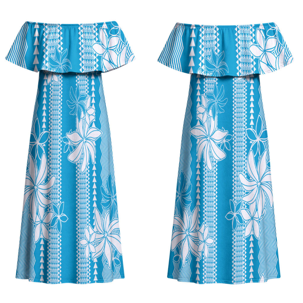 Hawaii Kakau Tribal Couples Matching Off Shoulder Maxi Dress and Long Sleeve Button Shirt With Blue Tiare LT05 - Polynesian Pride
