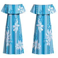 Hawaii Kakau Tribal Couples Matching Off Shoulder Maxi Dress and Long Sleeve Button Shirt With Blue Tiare LT05 - Polynesian Pride