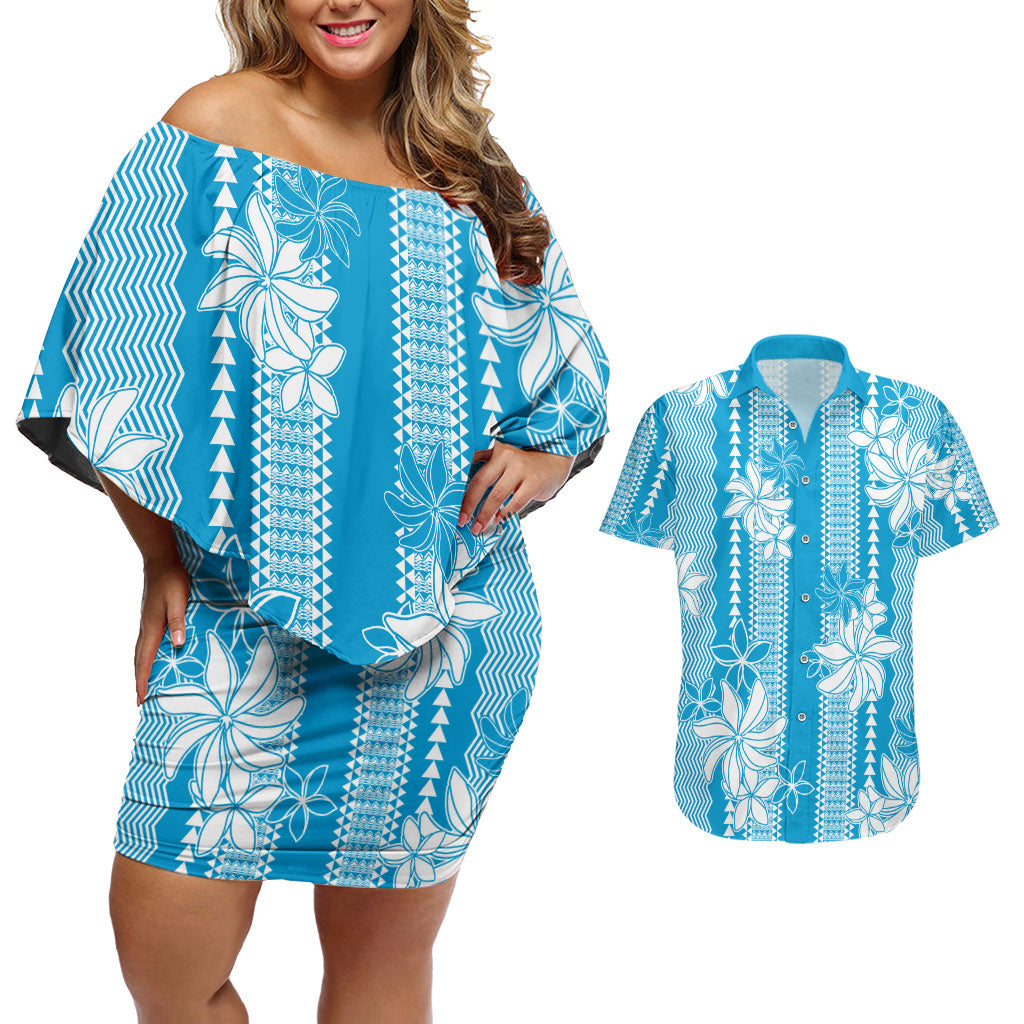 Hawaii Kakau Tribal Couples Matching Off Shoulder Short Dress and Hawaiian Shirt With Blue Tiare