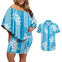 Hawaii Kakau Tribal Couples Matching Off Shoulder Short Dress and Hawaiian Shirt With Blue Tiare