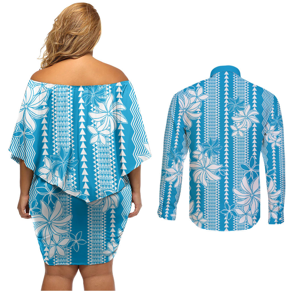 Hawaii Kakau Tribal Couples Matching Off Shoulder Short Dress and Long Sleeve Button Shirt With Blue Tiare