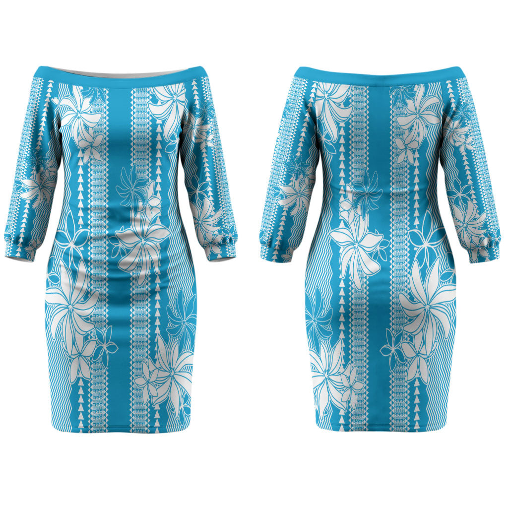 Hawaii Kakau Tribal Couples Matching Off The Shoulder Long Sleeve Dress and Long Sleeve Button Shirt With Blue Tiare LT05 - Polynesian Pride