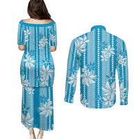 Hawaii Kakau Tribal Couples Matching Puletasi and Long Sleeve Button Shirt With Blue Tiare