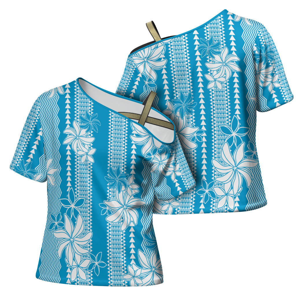 Hawaii Kakau Tribal Cross Shoulder Shirt With Blue Tiare
