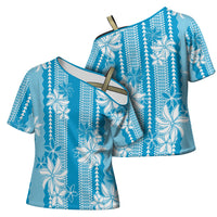 Hawaii Kakau Tribal Cross Shoulder Shirt With Blue Tiare