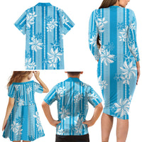 Hawaii Kakau Tribal Family Matching Long Sleeve Bodycon Dress and Hawaiian Shirt With Blue Tiare LT05 - Polynesian Pride