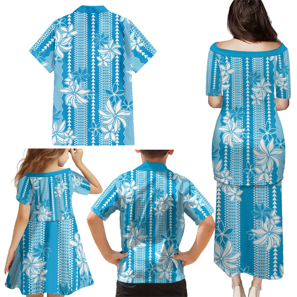 Hawaii Kakau Tribal Family Matching Puletasi and Hawaiian Shirt With Blue Tiare LT05 - Polynesian Pride