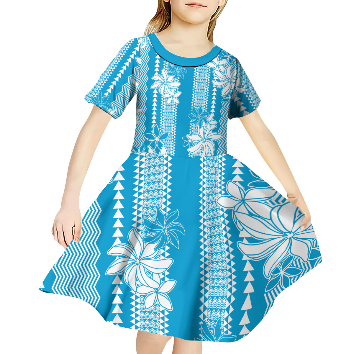 Hawaii Kakau Tribal Kid Short Sleeve Dress With Blue Tiare