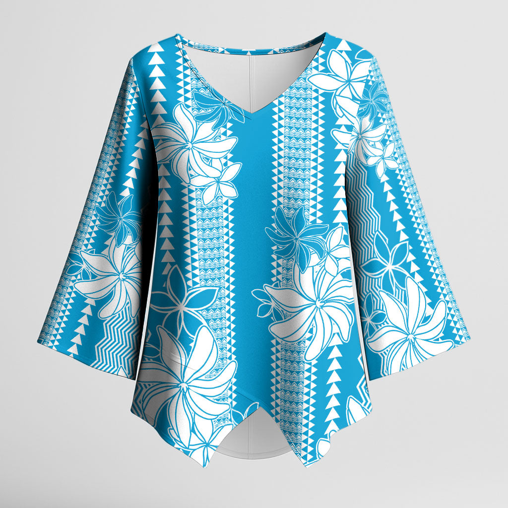 Hawaii Kakau Tribal Kimono Sleeve Blouse With Blue Tiare