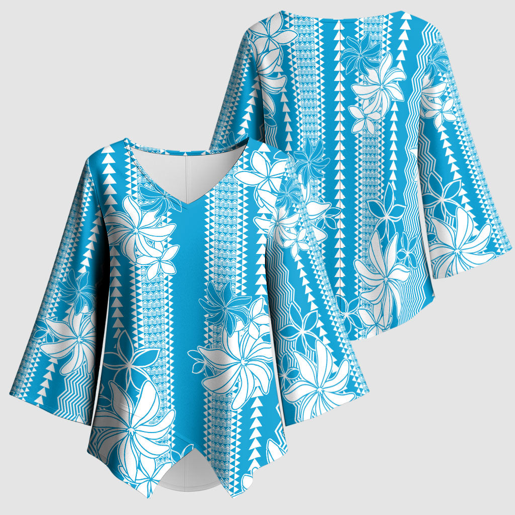 Hawaii Kakau Tribal Kimono Sleeve Blouse With Blue Tiare