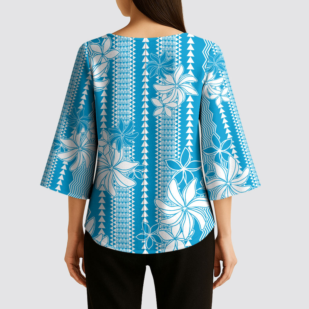 Hawaii Kakau Tribal Kimono Sleeve Blouse With Blue Tiare