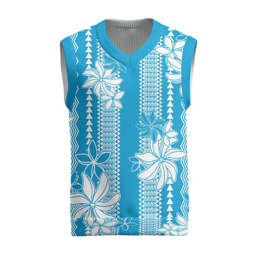 Hawaii Kakau Tribal Christmas Knitted V-Neck Vest With Blue Tiare LT05 Blue - Polynesian Pride