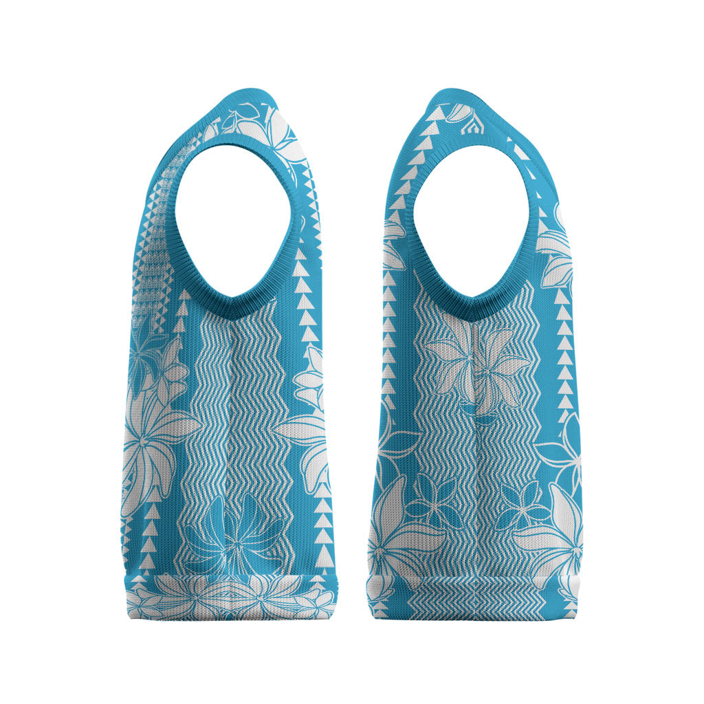 Hawaii Kakau Tribal Christmas Knitted V-Neck Vest With Blue Tiare LT05 - Polynesian Pride