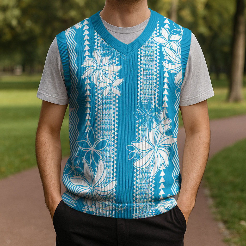 Hawaii Kakau Tribal Christmas Knitted V-Neck Vest With Blue Tiare LT05 - Polynesian Pride