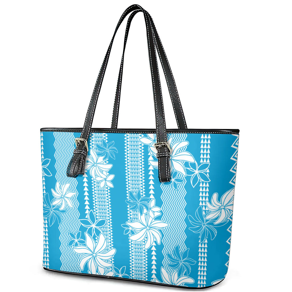 Hawaii Kakau Tribal Leather Tote Bag With Blue Tiare