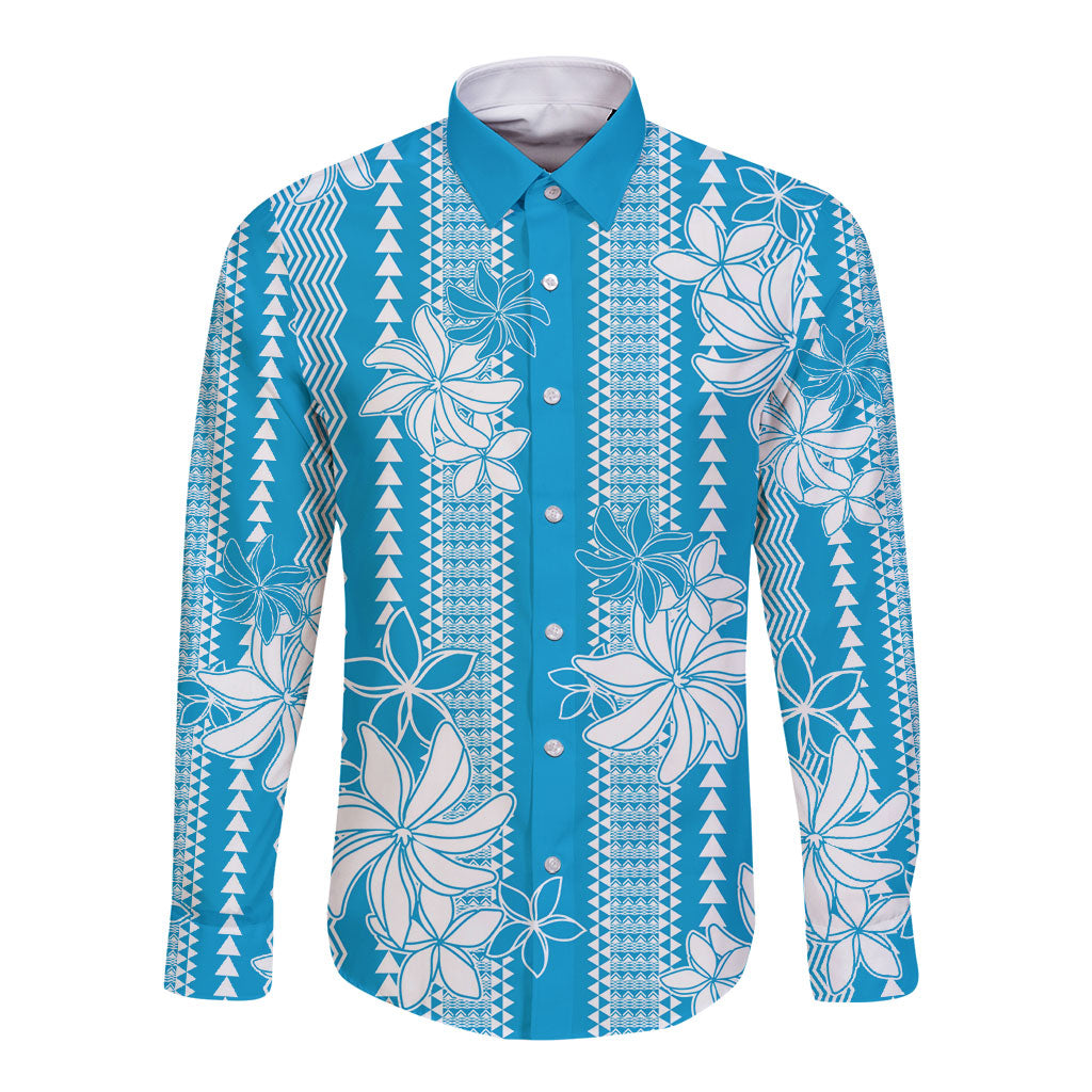 Hawaii Kakau Tribal Long Sleeve Button Shirt With Blue Tiare