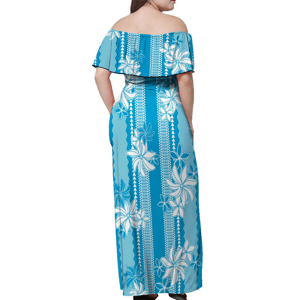 Hawaii Kakau Tribal Off Shoulder Maxi Dress With Blue Tiare