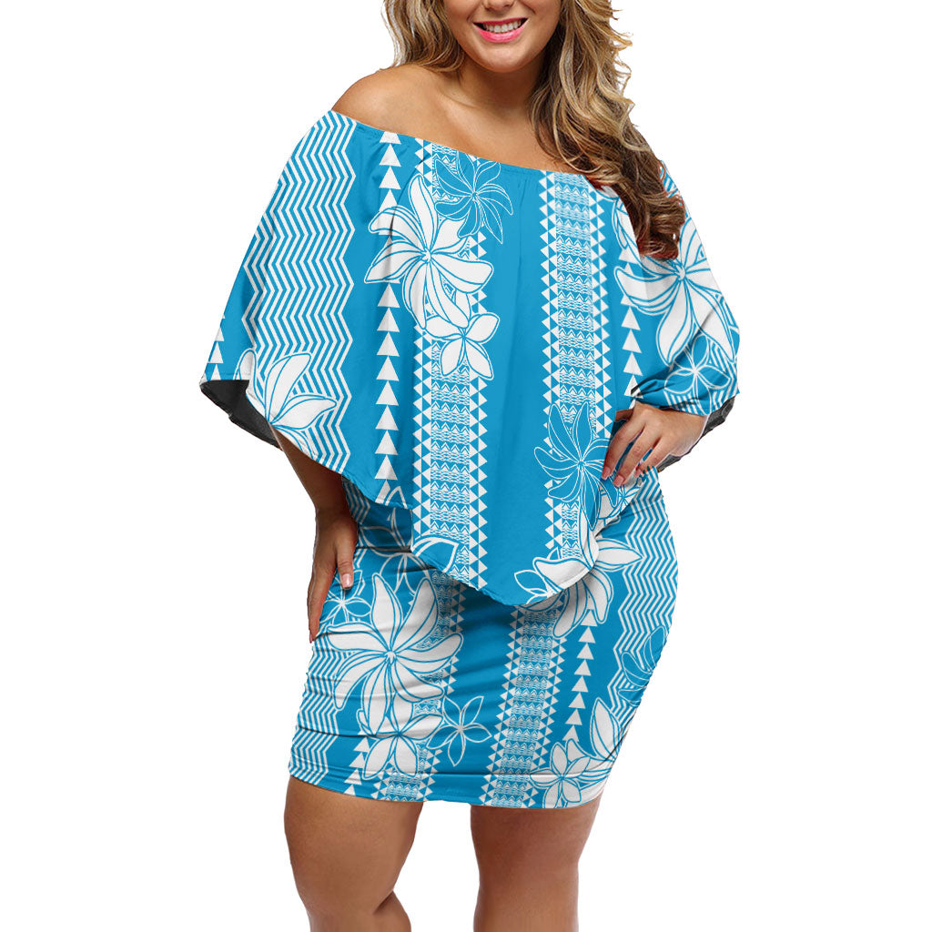 Hawaii Kakau Tribal Off Shoulder Short Dress With Blue Tiare