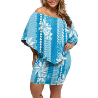 Hawaii Kakau Tribal Off Shoulder Short Dress With Blue Tiare