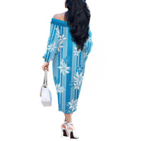 Hawaii Kakau Tribal Off The Shoulder Long Sleeve Dress With Blue Tiare