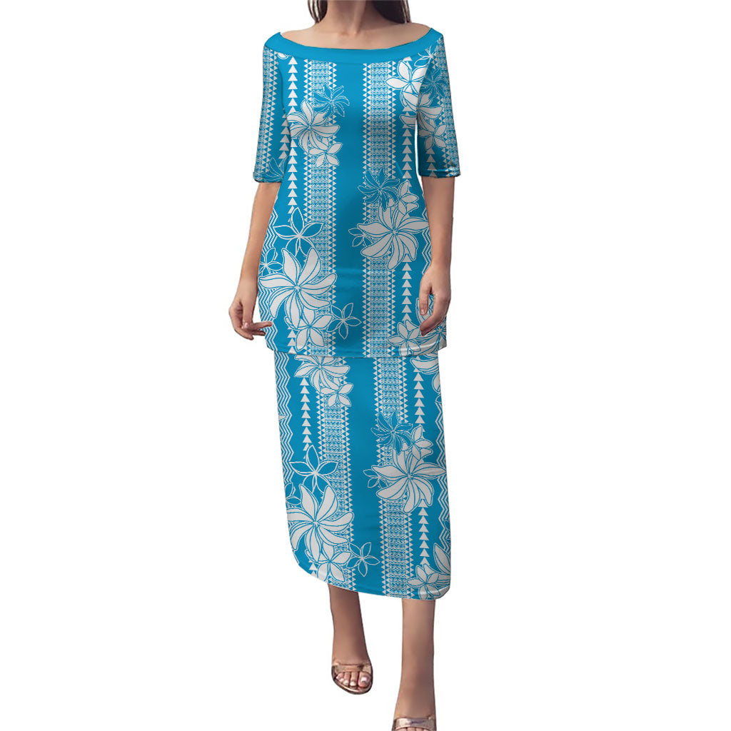 Hawaii Kakau Tribal Puletasi With Blue Tiare LT05 Long Dress Blue - Polynesian Pride