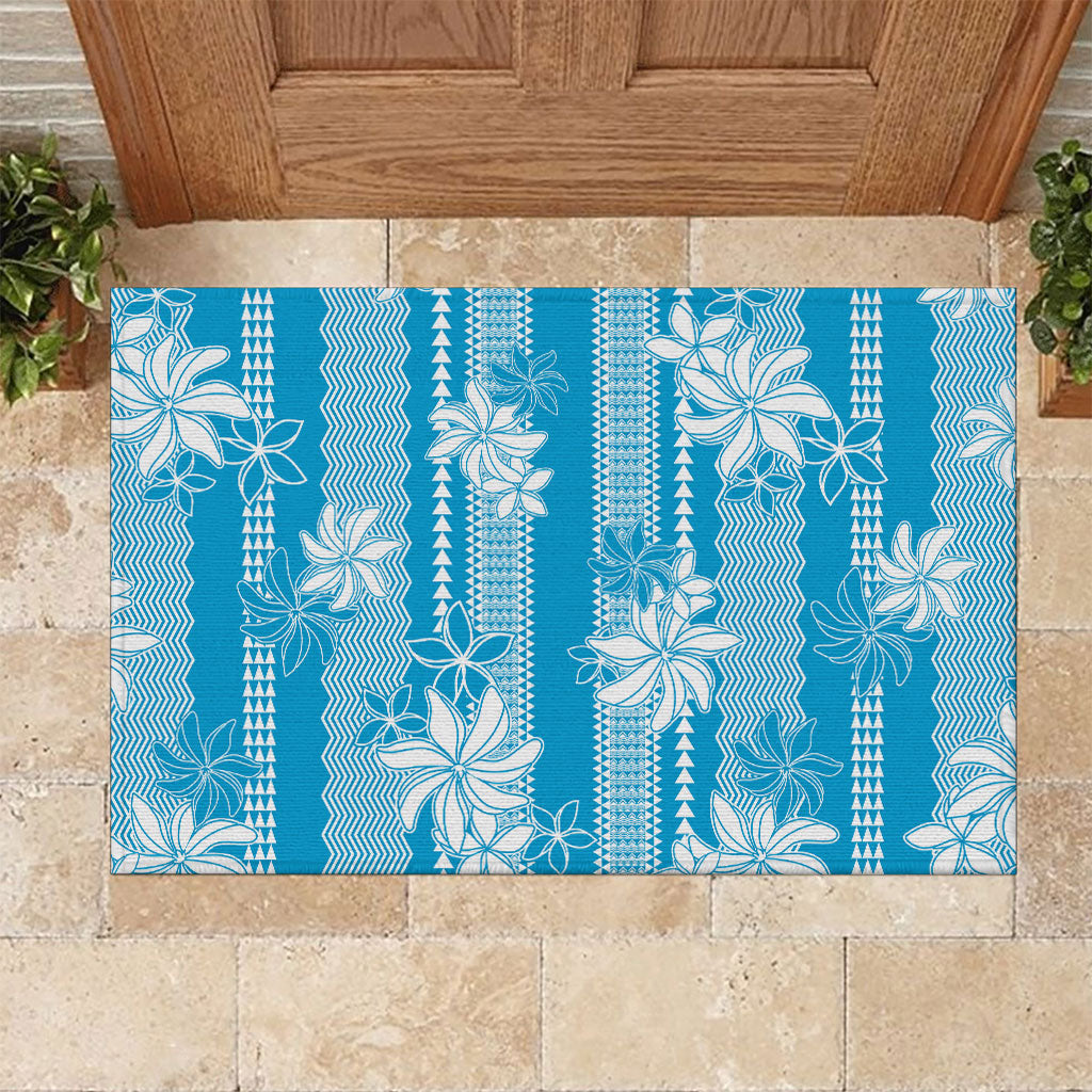 Hawaii Kakau Tribal Rubber Doormat With Blue Tiare LT05 Blue - Polynesian Pride