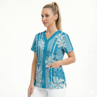 Hawaii Kakau Tribal Scrub Top With Blue Tiare