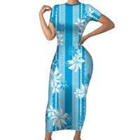 Hawaii Kakau Tribal Short Sleeve Bodycon Dress With Blue Tiare
