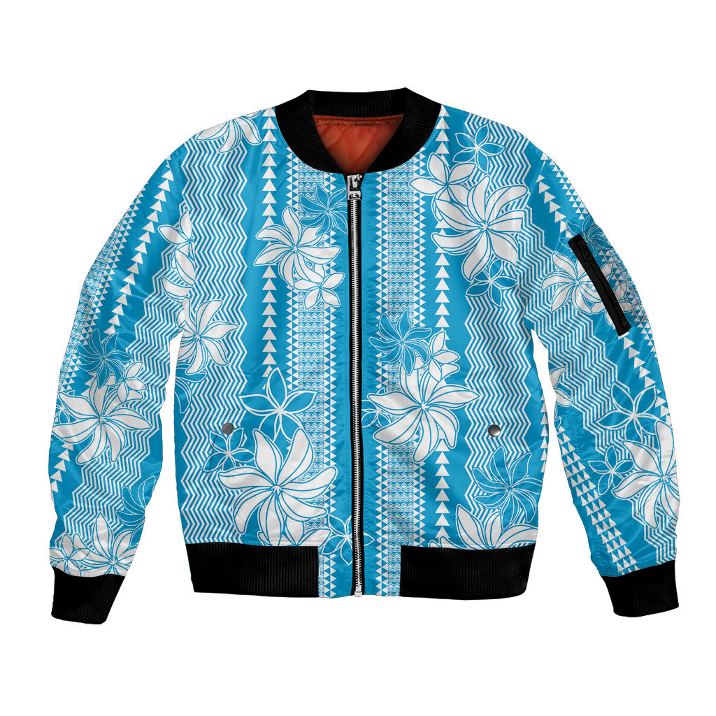 Hawaii Kakau Tribal Sleeve Zip Bomber Jacket With Blue Tiare LT05 Unisex Blue - Polynesian Pride