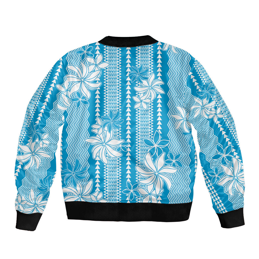 Hawaii Kakau Tribal Sleeve Zip Bomber Jacket With Blue Tiare