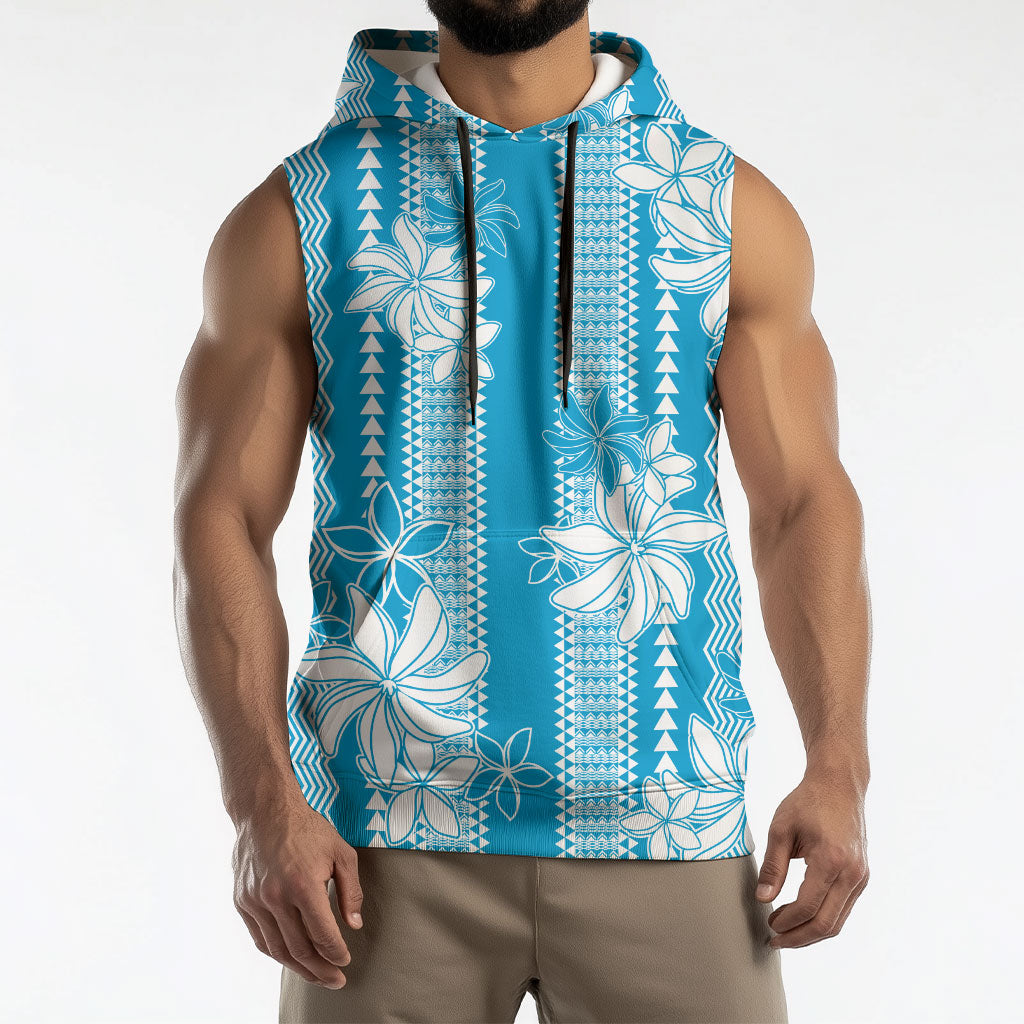 Hawaii Kakau Tribal Sleeveless Hoodie With Blue Tiare