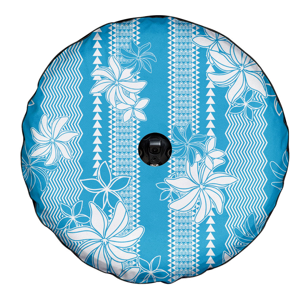 Hawaii Kakau Tribal Spare Tire Cover With Blue Tiare