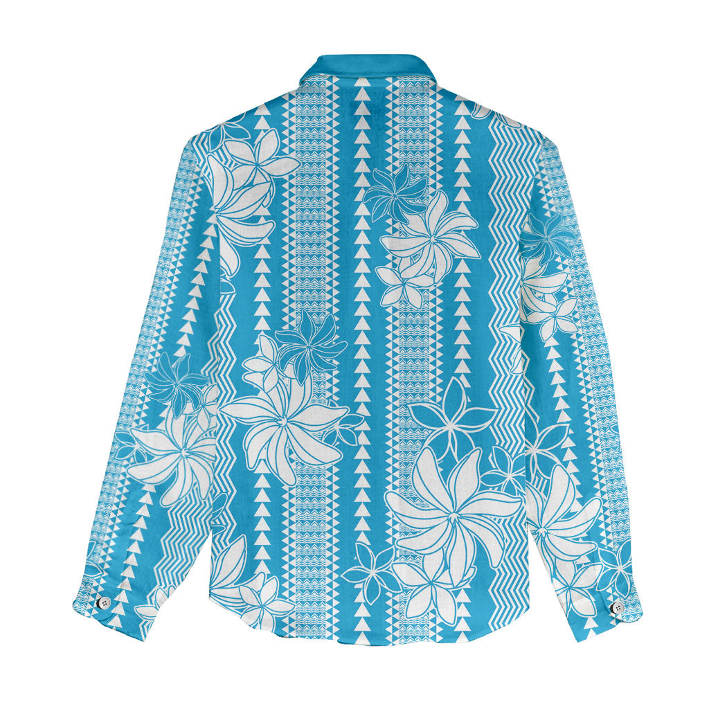 Hawaii Kakau Tribal Women Casual Shirt With Blue Tiare