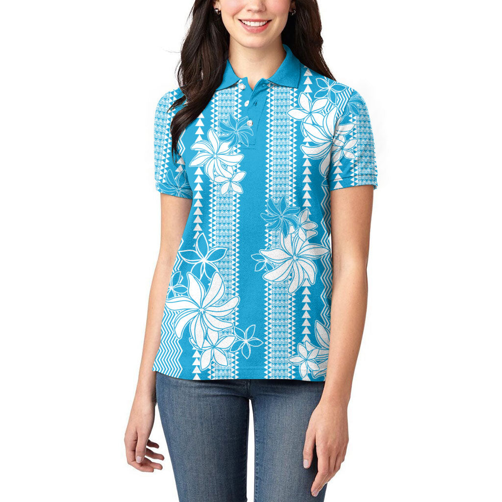 Hawaii Kakau Tribal Women Polo Shirt With Blue Tiare