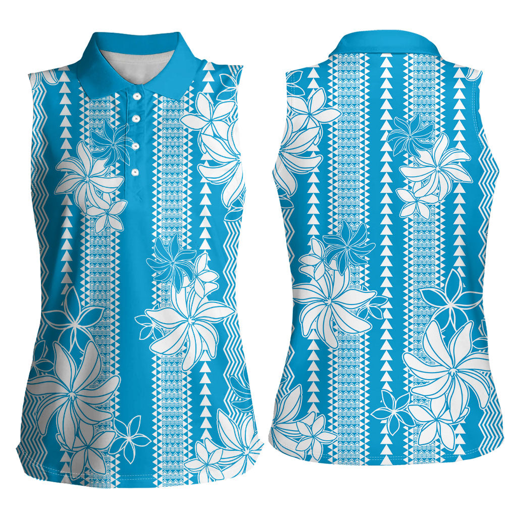 Hawaii Kakau Tribal Women Sleeveless Polo Shirt With Blue Tiare