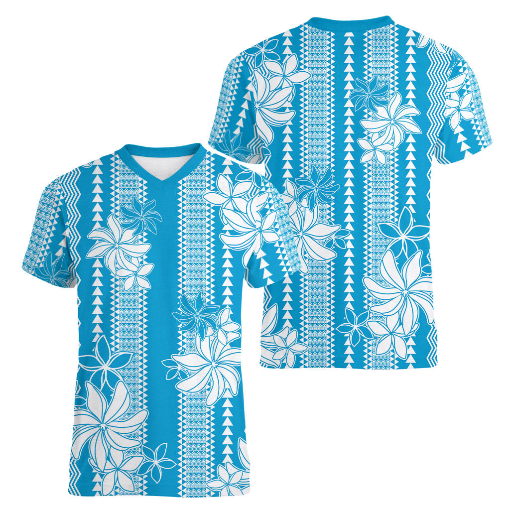 Hawaii Kakau Tribal Women V-Neck T-Shirt With Blue Tiare
