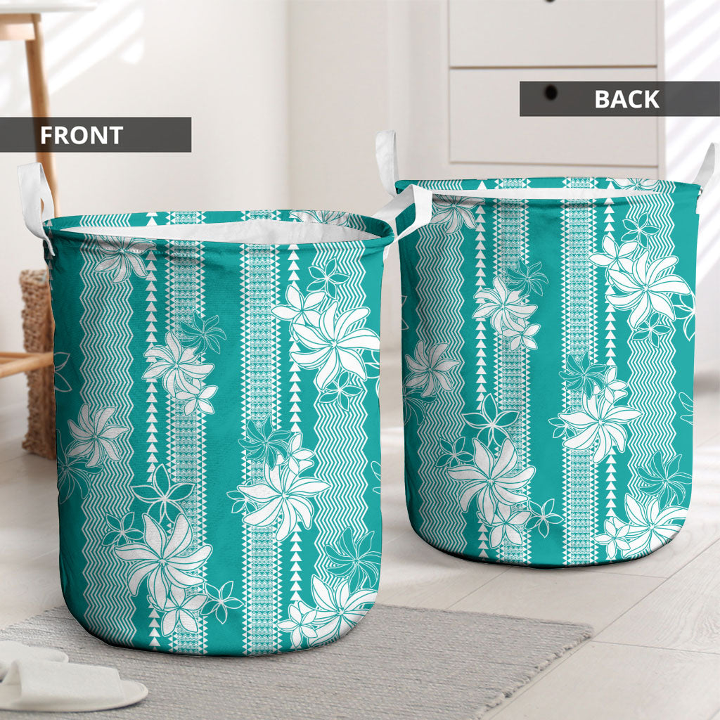 Hawaii Kakau Tribal Laundry Basket With Teal Tiare
