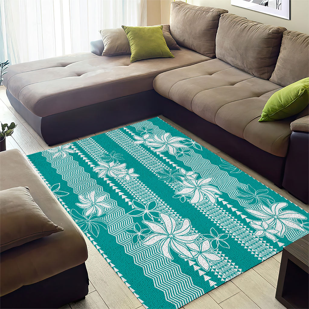 Hawaii Kakau Tribal Area Rug With Teal Tiare