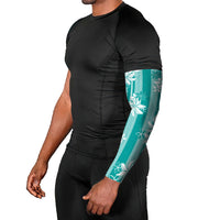 Hawaii Kakau Tribal Arm Sleeves With Teal Tiare